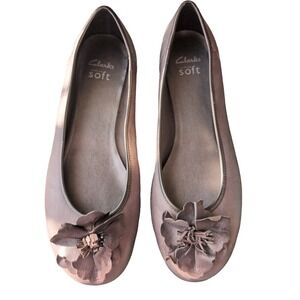Clarks Women's Book End Ballet Flats Pewter Flower Metallic Size 11 Comfort Shoe